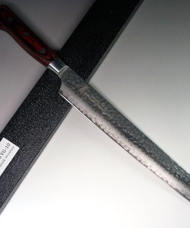 Sakai Takayuki Shikisai INOX Japanese Chef's Yanagiba Knife (Sashimi) 300mm Kincha with Saya Sheath VS Sakai Takayuki 33-Layer VG10 Damascus Hammered Japanese Chef's Kiritsuke-Yanagiba Knife (Sashimi) 270mm