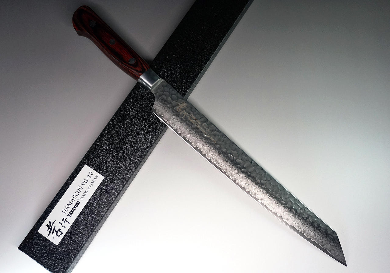 Sakai Takayuki Shikisai INOX Japanese Chef's Yanagiba Knife (Sashimi) 300mm Kincha with Saya Sheath VS Sakai Takayuki 33-Layer VG10 Damascus Hammered Japanese Chef's Kiritsuke-Yanagiba Knife (Sashimi) 270mm